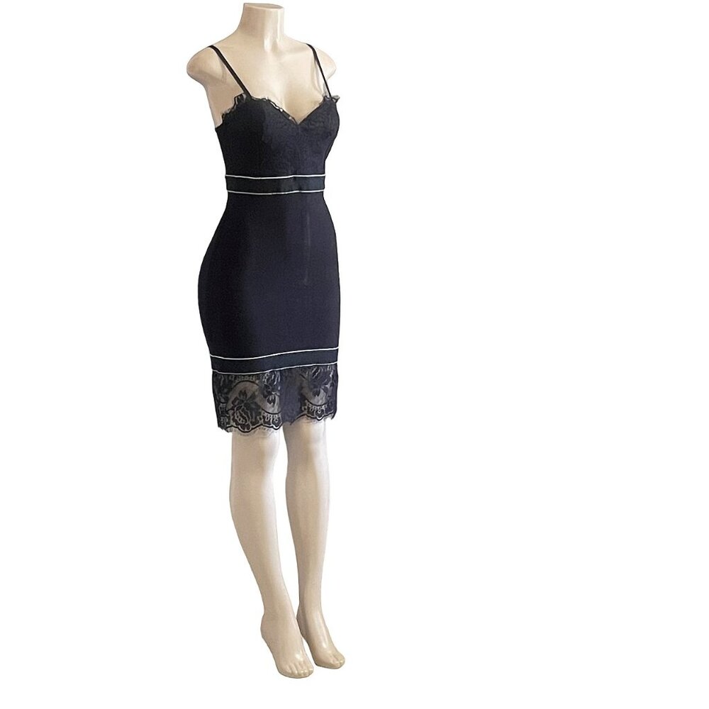 Womens Spaghetti Strap Lace Trim Patchwork Bodycon High Waist Bandage Dress M